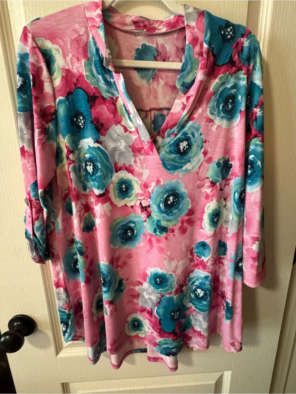 Paisley Grace Floral 3/4 Roll-Tab Sleeve V-Neck Tunic Top